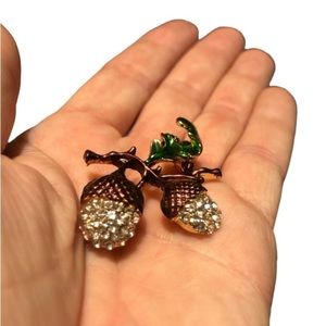 ENAMEL Crystal Acorns Brooch Brown Green Gold 1.75”